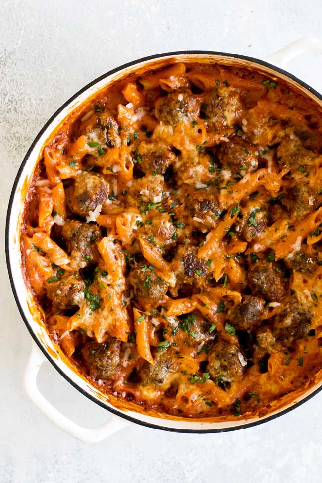 baked penne rosa with meatballs